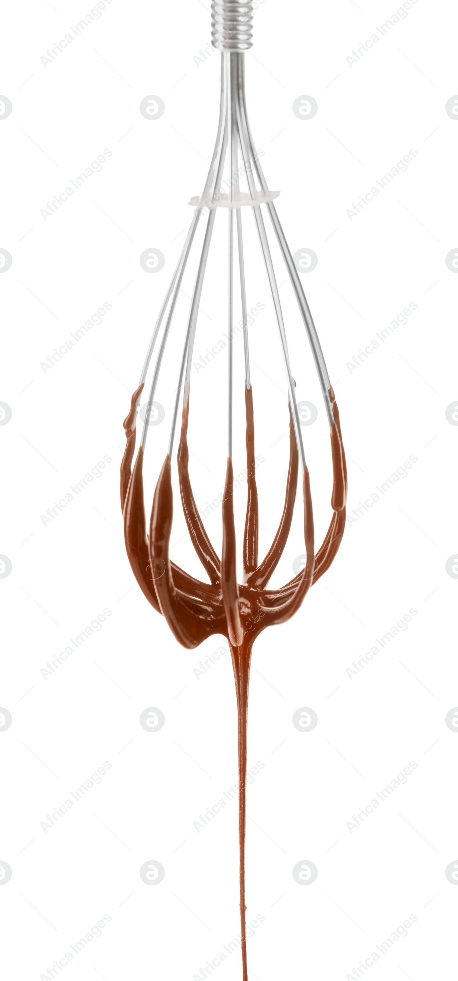 Photo of Chocolate cream flowing from whisk on white background