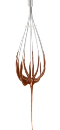 Chocolate cream flowing from whisk on white background