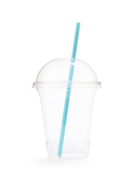 Empty transparent plastic cup with straw isolated on white