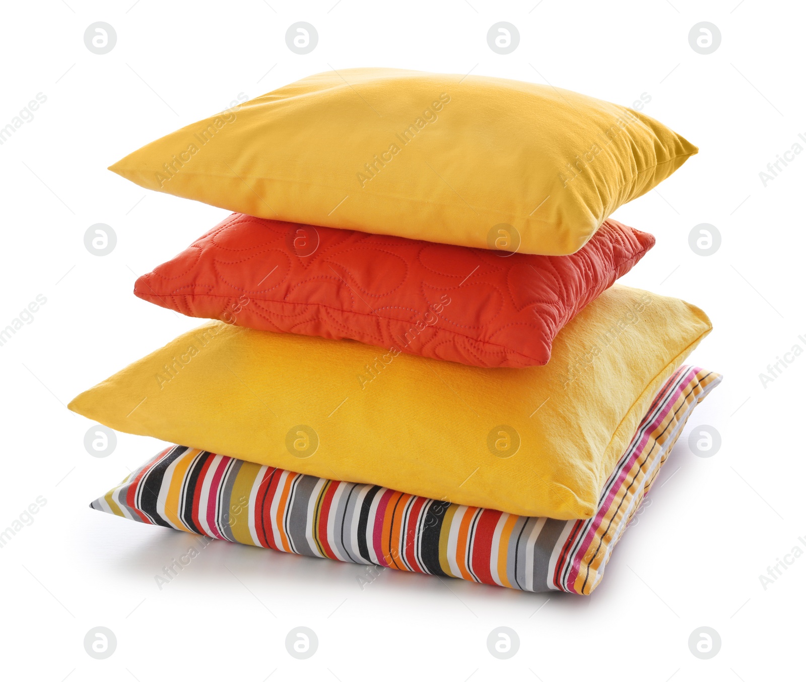 Photo of Stack of different colorful pillows on white background