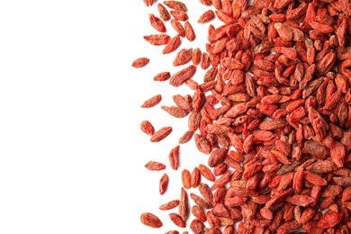 Pile of dried goji berries on white background, top view