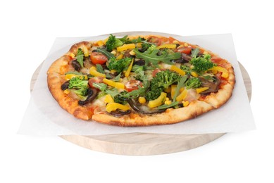 Photo of Delicious vegetarian pizza with mushrooms, vegetables and arugula isolated on white