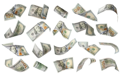 Image of Set of American dollars on white background. Flying money