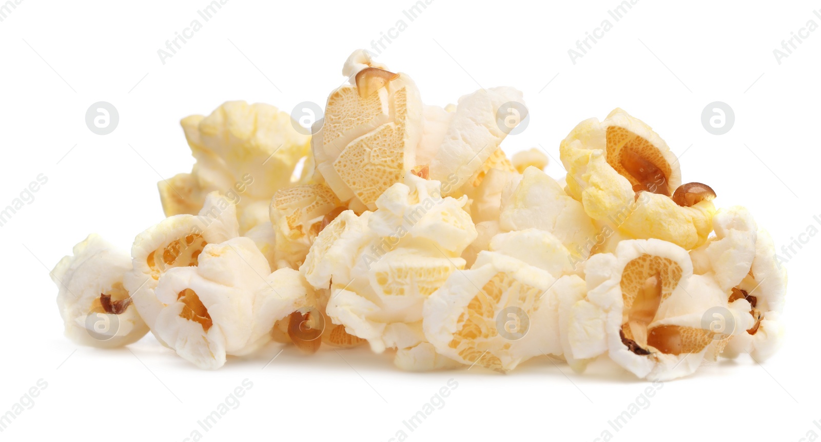 Photo of Fresh popcorn isolated on white. Tasty snack