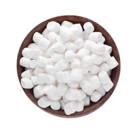 Photo of Bowl of delicious puffy marshmallows isolated on white, top view