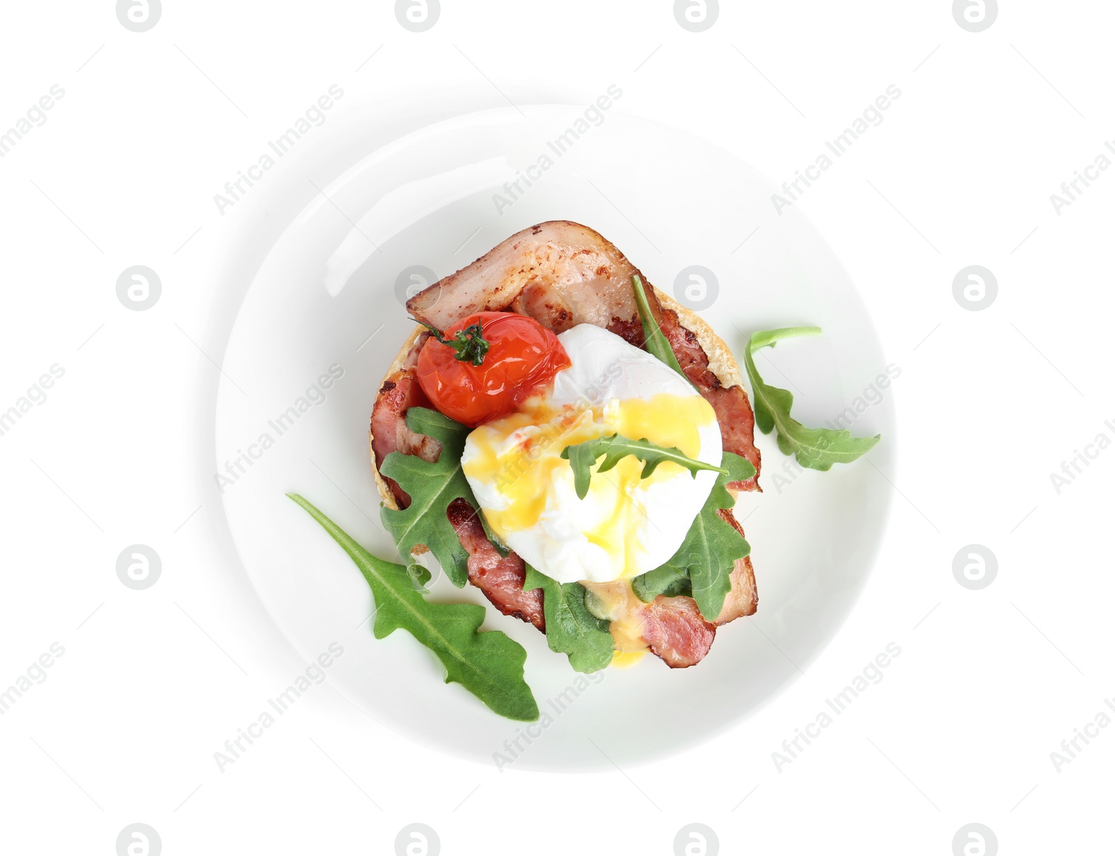 Photo of Fresh delicious egg Benedict isolated on white, top  view