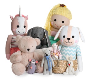 Photo of Different cute soft toys on white background