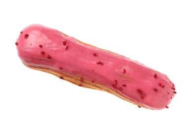 Delicious eclair covered with pink glaze isolated on white