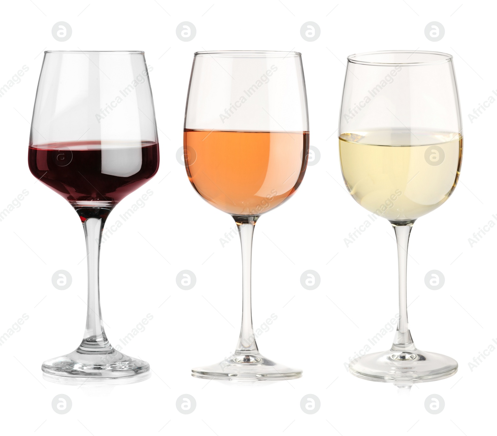 Image of Glasses of white, rose and red wine isolated on white