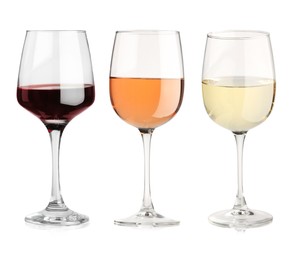 Glasses of white, rose and red wine isolated on white