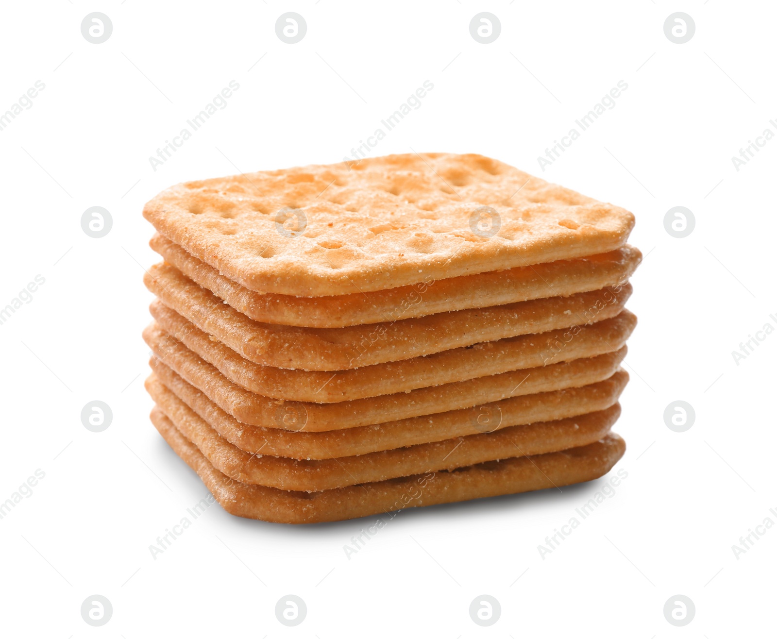 Photo of Stack of delicious crispy crackers isolated on white