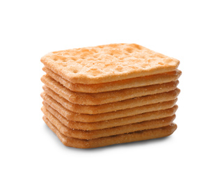 Photo of Stack of delicious crispy crackers isolated on white