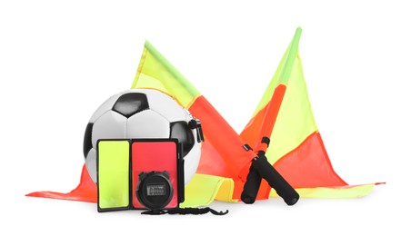 Photo of Football referee equipment. Soccer ball, flags, stopwatch, cards and whistle isolated on white