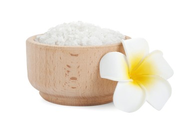 Photo of Bowl of sea salt and beautiful plumeria flower isolated on white