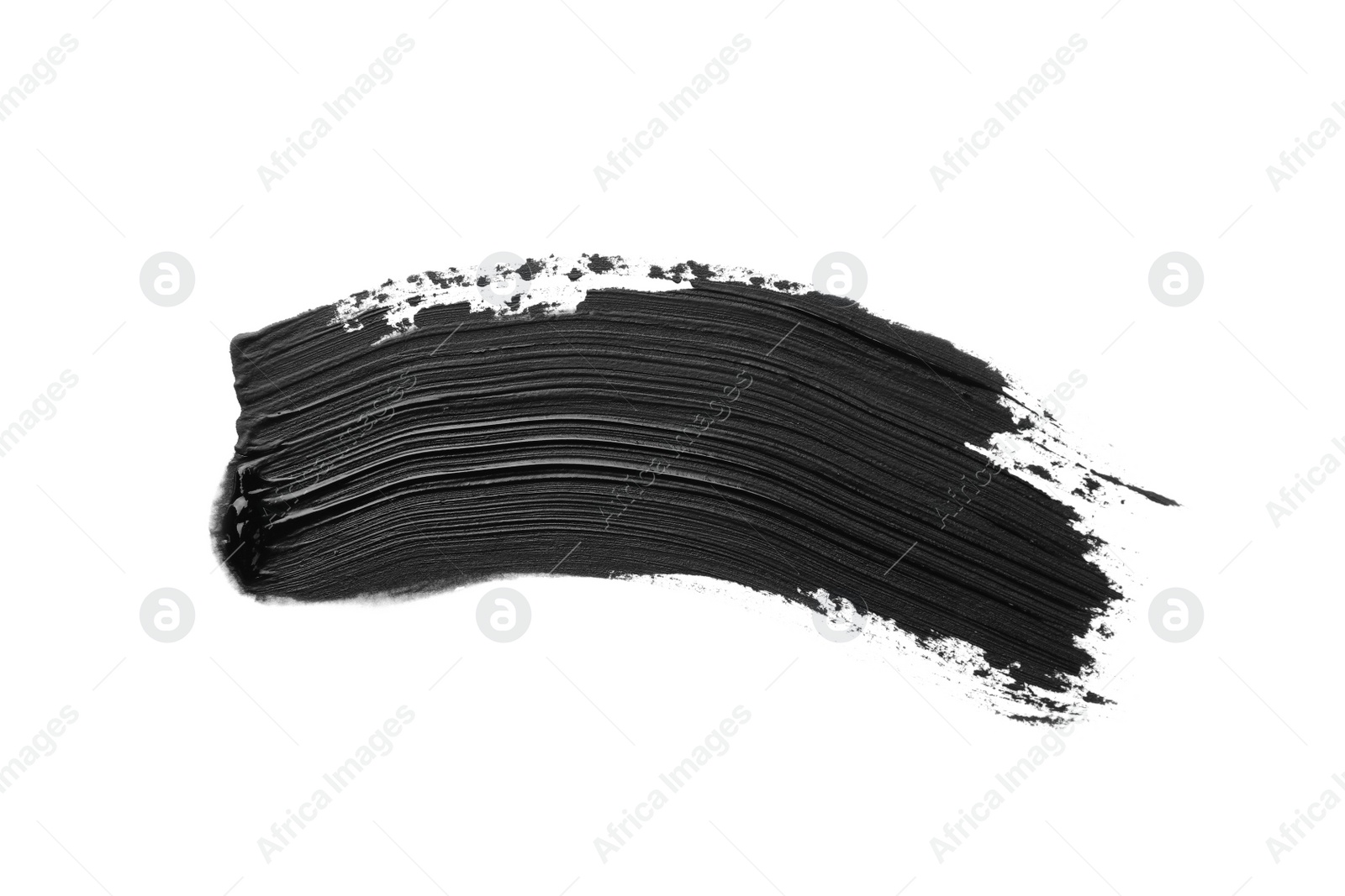 Photo of Brushstrokes of black oil paint on white background, top view