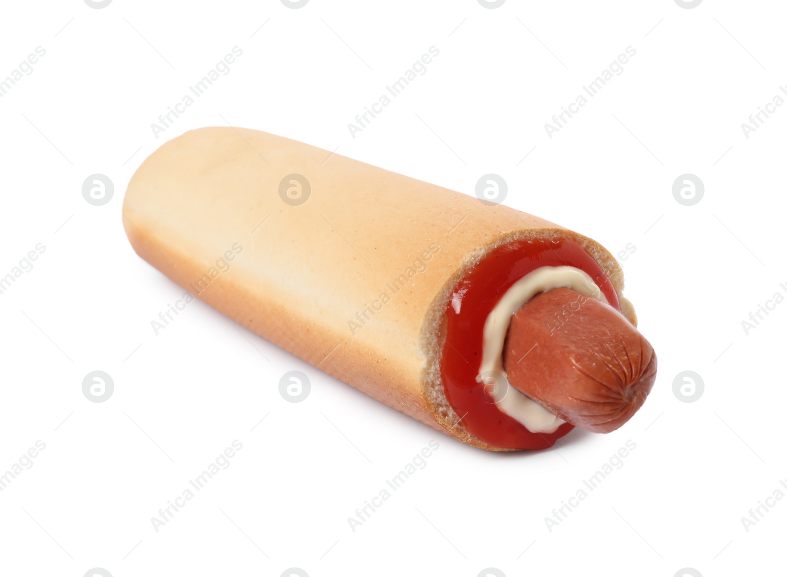 Photo of Tasty french hot dog with sauce isolated on white