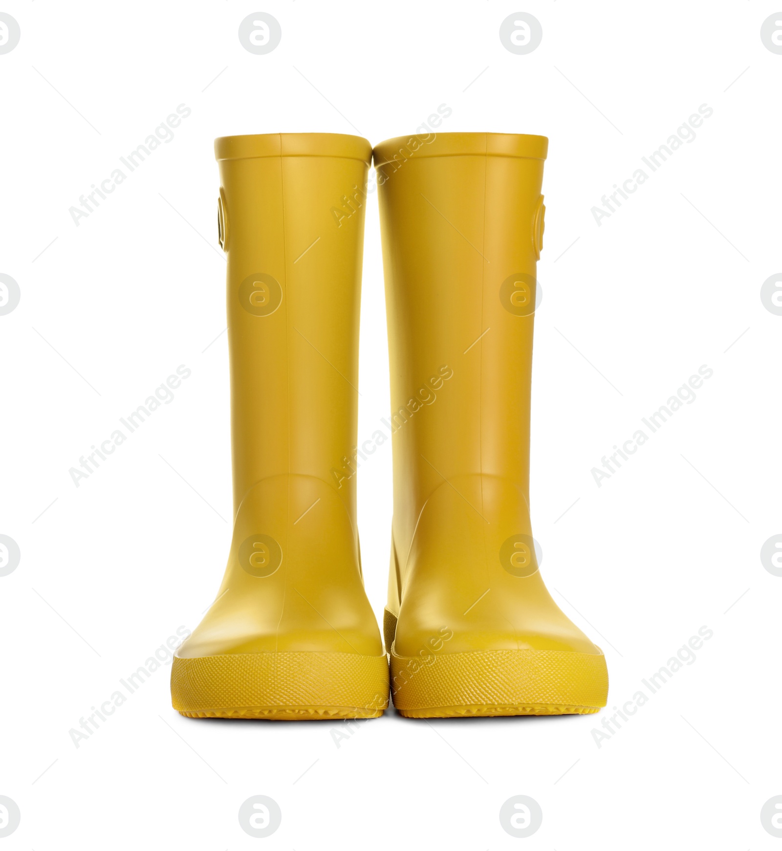 Photo of Modern yellow rubber boots isolated on white