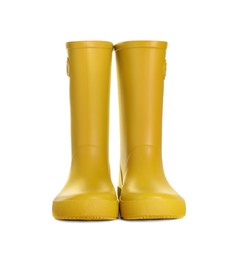Photo of Modern yellow rubber boots isolated on white