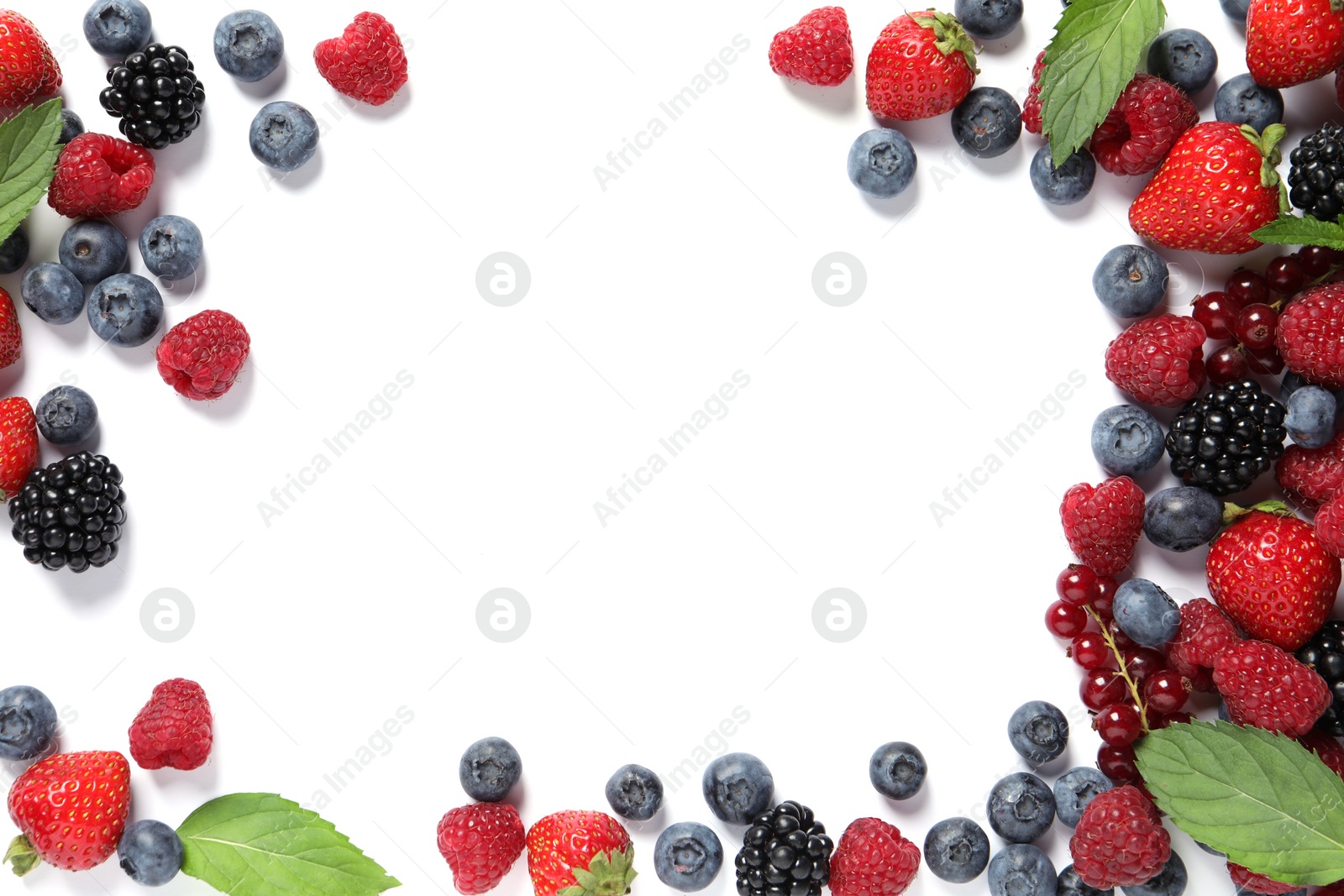 Photo of Many different fresh berries and mint leaves on white background, flat lay. Space for text