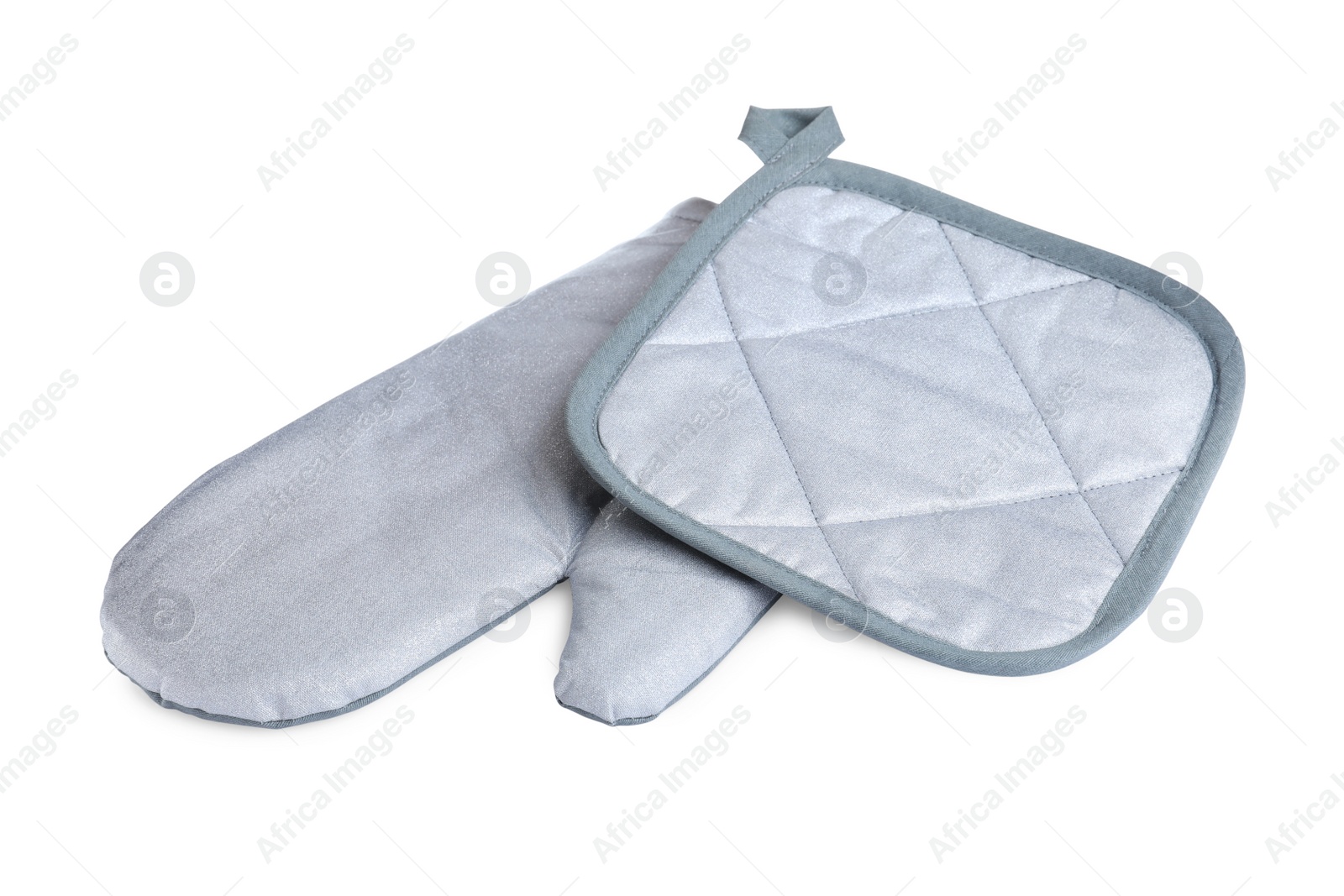 Photo of Oven glove and potholder for hot dishes on white background