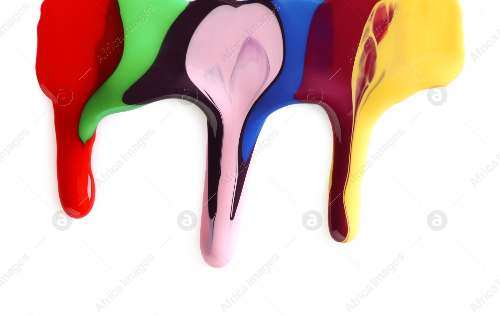 Photo of Mixed different color nail polishes flowing on white background