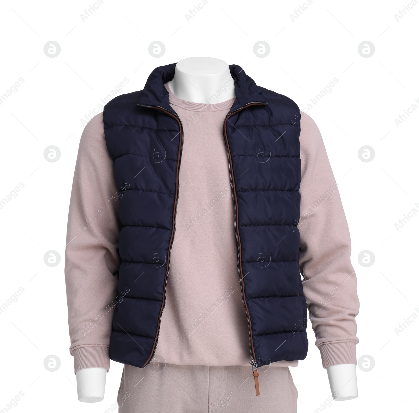 Photo of Male mannequin dressed in stylish beige tracksuit and vest isolated on white