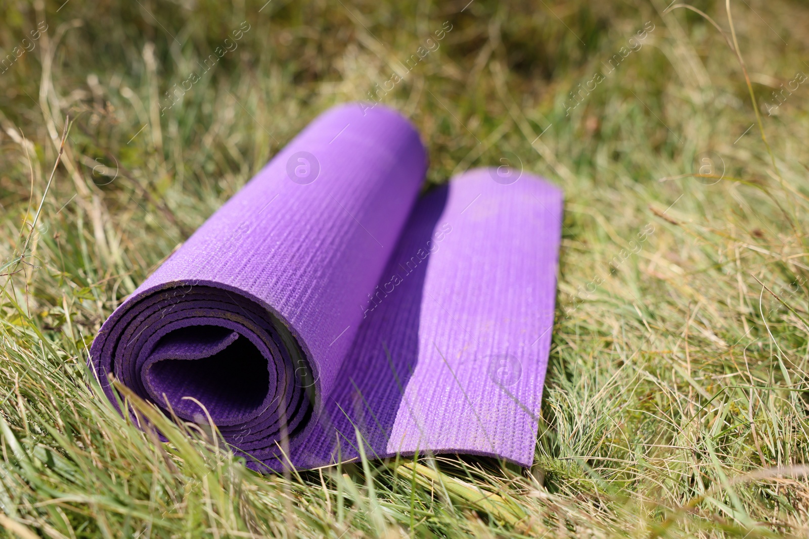 Photo of Rolled purple soft sleeping pad on grass