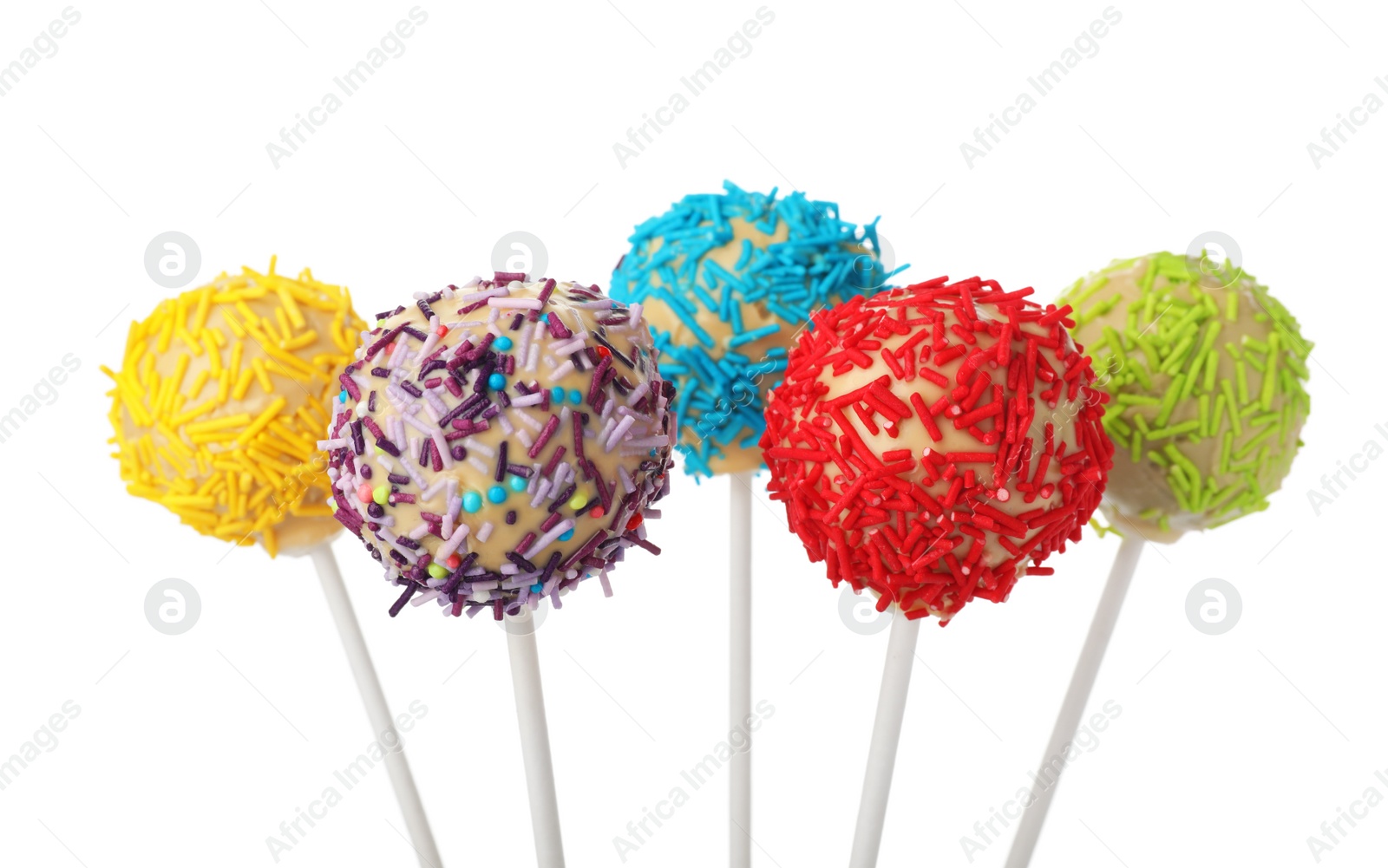 Photo of Tasty cake pops with colorful sprinkles isolated on white