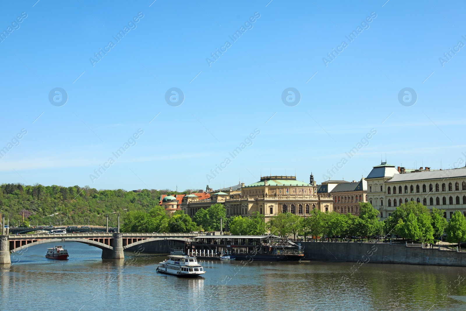 Photo of PRAGUE, CZECH REPUBLIC - APRIL 25, 2019: Cityscape with Rudolfinum, Academy of Arts, Architecture and Design, Manes Bridge on Vltava river