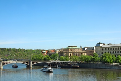 Photo of PRAGUE, CZECH REPUBLIC - APRIL 25, 2019: Cityscape with Rudolfinum, Academy of Arts, Architecture and Design, Manes Bridge on Vltava river