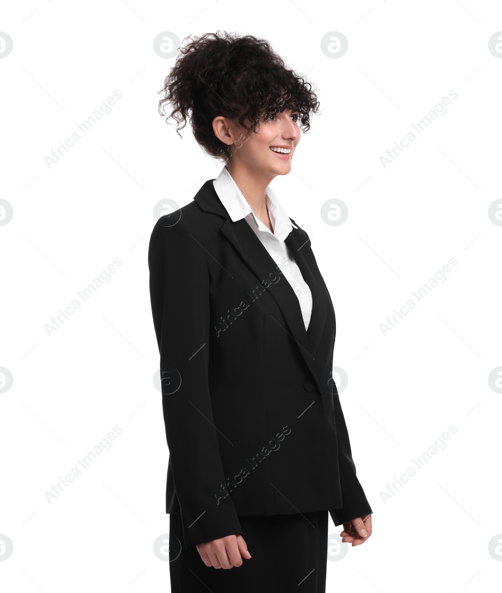 Photo of Beautiful young businesswoman in suit on white background