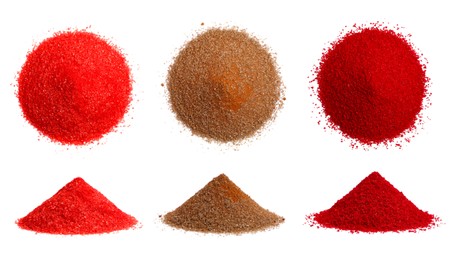 Collage of different powdered food coloring isolated on white, top and side views