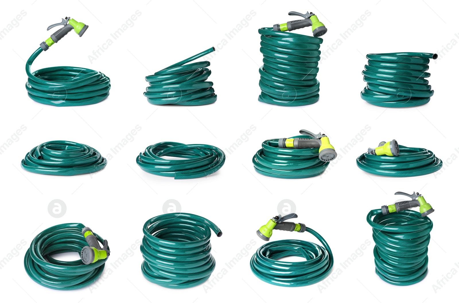 Image of Set with green rubber watering hoses on white background