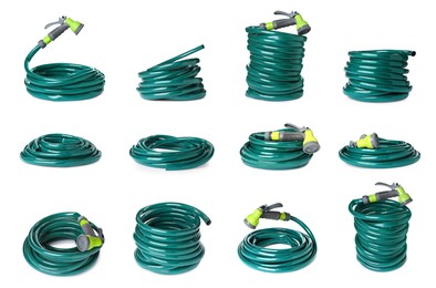 Set with green rubber watering hoses on white background