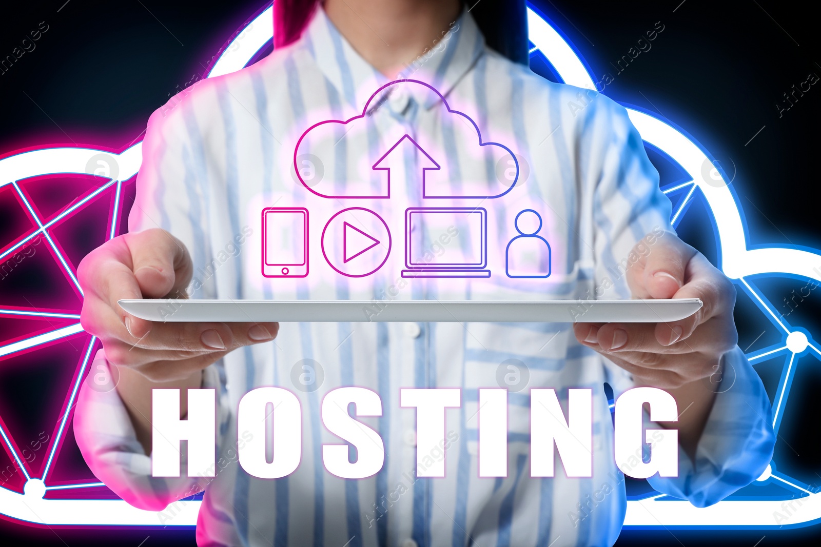 Image of Web hosting. Woman holding tablet, closeup. Digital cloud with arrow and icons over gadget