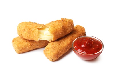 Photo of Tasty crispy cheese sticks with sauce on white background