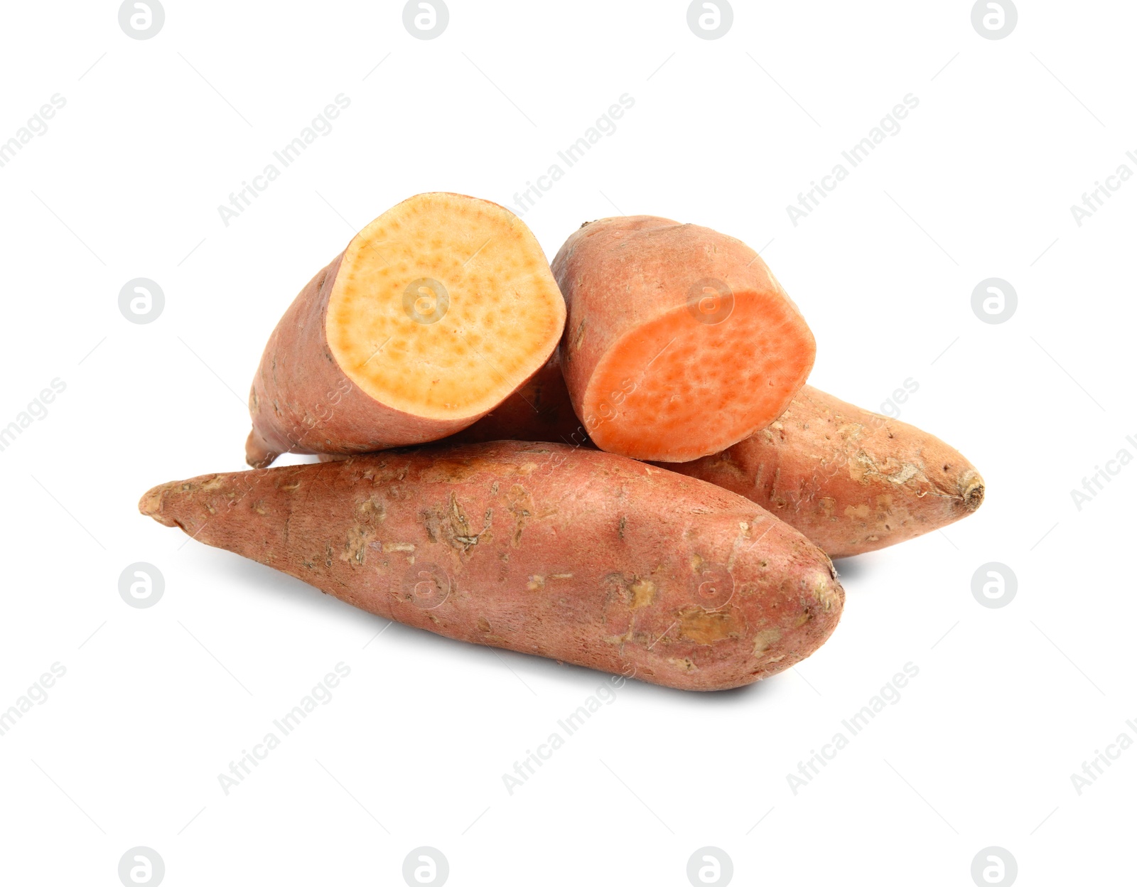 Photo of Fresh ripe sweet potatoes on white background