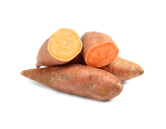 Photo of Fresh ripe sweet potatoes on white background