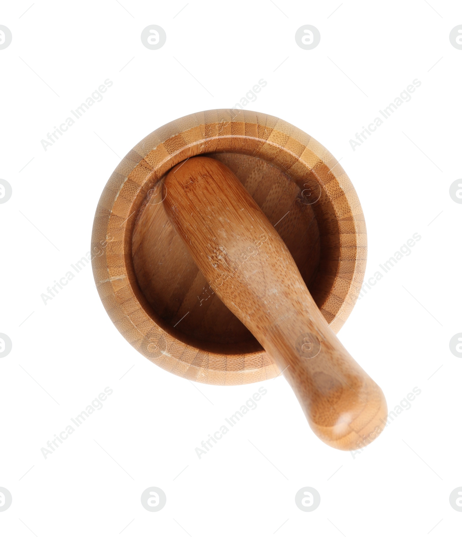 Photo of Wooden mortar and pestle isolated on white, top view. Cooking utensils