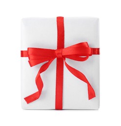 Photo of Beautiful gift box with red bow isolated on white