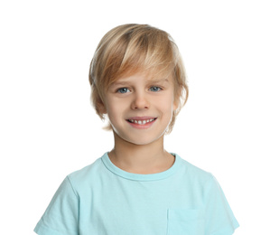 Photo of Portrait of happy little boy on white background
