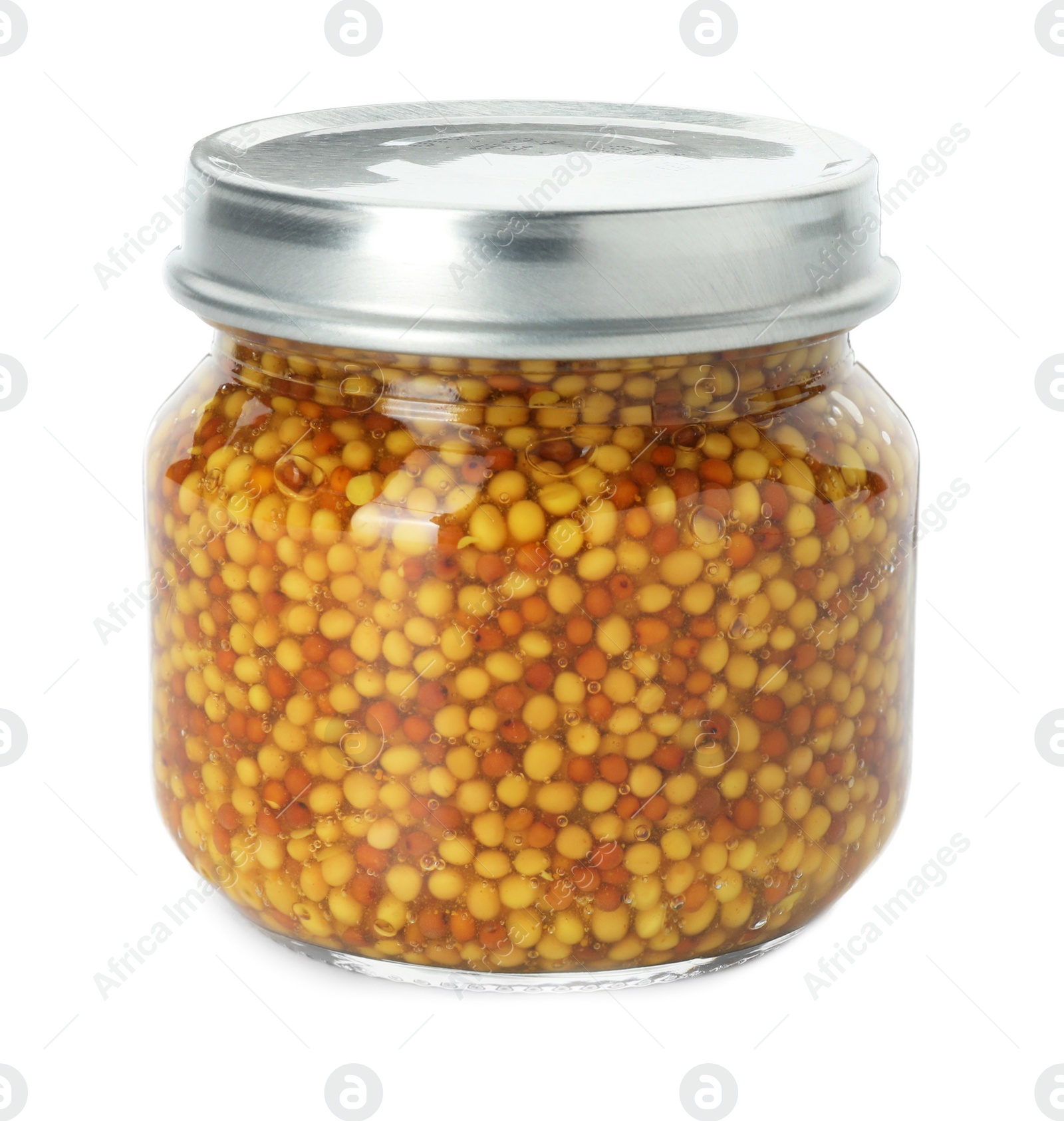 Photo of Fresh whole grain mustard in jar isolated on white