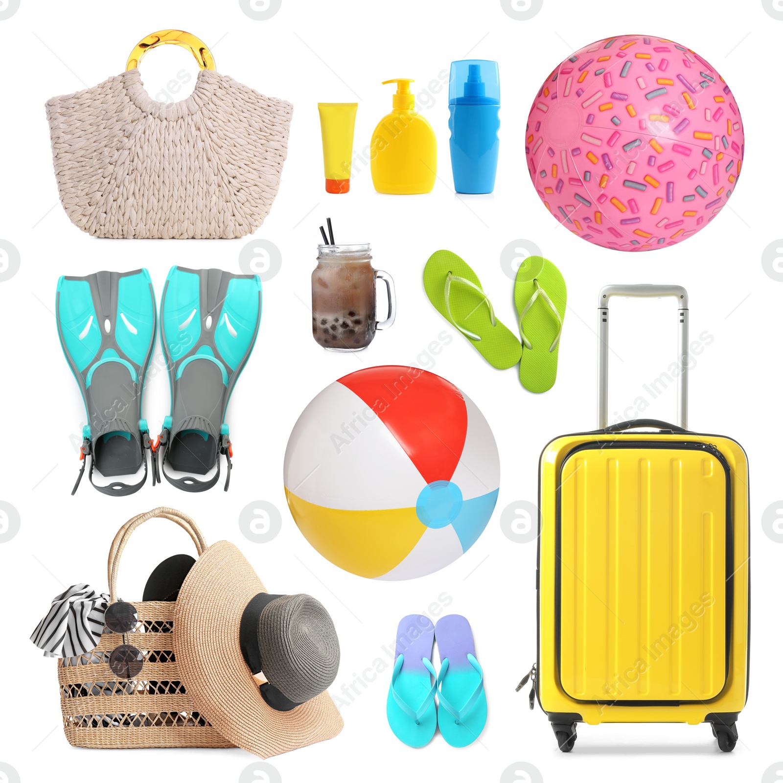 Image of Set with beach balls and other accessories on white background