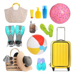 Set with beach balls and other accessories on white background