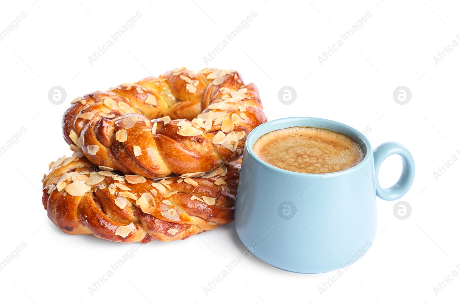 Photo of Delicious pastries and coffee on white background