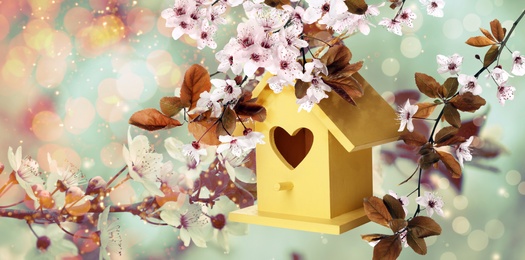 Beautiful wooden bird house hanging on blossoming tree outdoors, banner design. Springtime