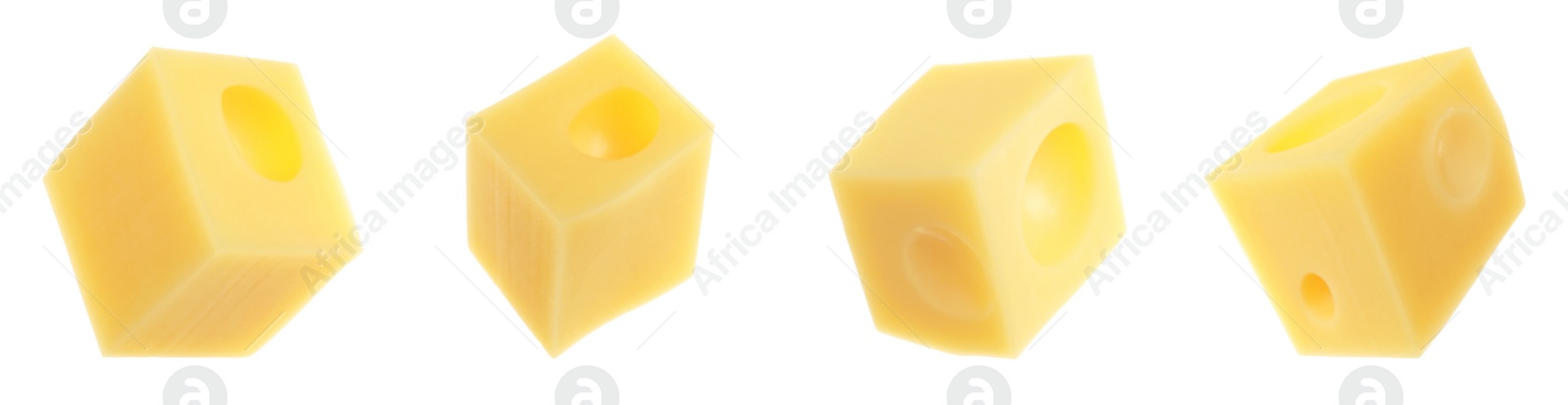 Image of Pieces of delicious cheese on white background, collage. Banner design