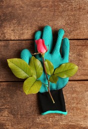Gardening gloves with beautiful rose on wooden table, top view