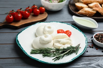 Delicious burrata cheese with rosemary and cut tomato served on grey wooden table