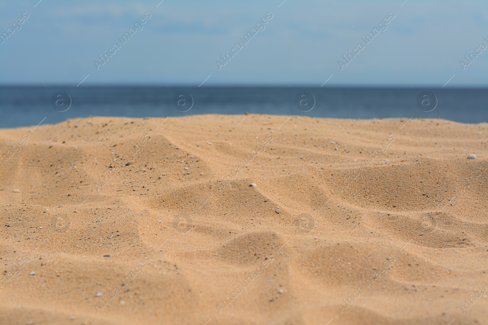 Photo of Closeup view of sandy beach near sea on sunny day